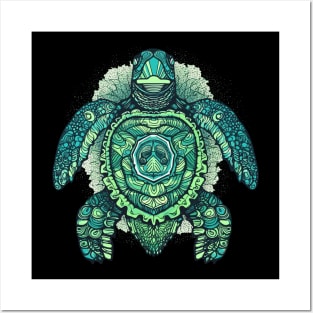 Cool Blue Mandala Sea Turtle Illustration - Unique Ocean Art Posters and Art